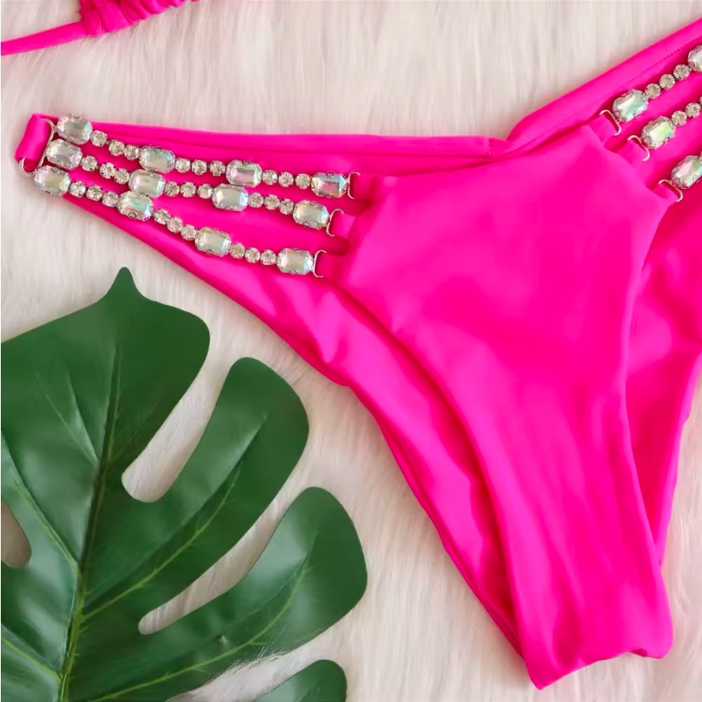 Hot Pink Bling Rhinestone Swimsuit Two Piece Set Push Up Bikini Swimwear - Picture 4 of 5